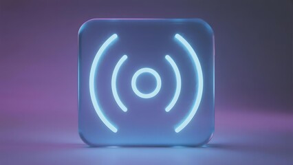 Glowing neon icon with concentric circular lines on a square background, emitting light in a dark setting