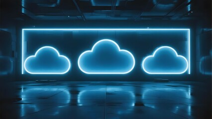 Neon blue cloud icons illuminated in a futuristic digital environment with reflective surface