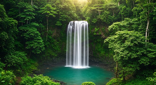 Scenic waterfall cascading into a tranquil pool surrounded by lush green forest