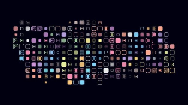 Turkey animated country shape. Pulsating colored dots on the map of the country. Large size rounded square blocks. Digital style Turkey map on dark background. Stylish animation video.