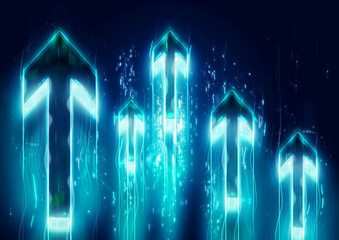 上方向に移動して発光する抽象的な青い光の矢印の3dイラスト