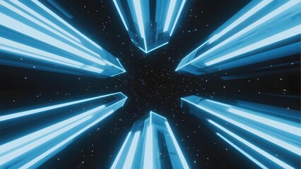 Abstract blue light beams radiating from a central point in a starry space background