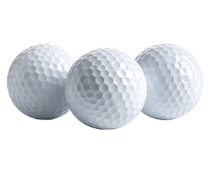 Three spherical, dimpled white balls arranged against a stark black background