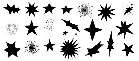 Black vector star icons collection featuring various shapes and designs, perfect for graphic projects. These stars add touch of creativity and flair to any artwork