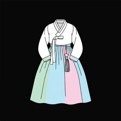 Illustration of a traditional Hanbok dress with white top and multicolored pastel skirt on a black background.