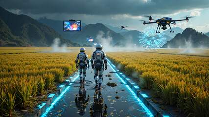 A vast futuristic rice field with automated irrigation canals glowing with blue neon light