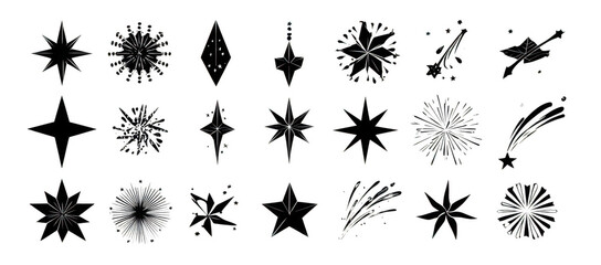 Black vector star icons collection featuring various star shapes and designs, perfect for graphic projects and creative designs. These icons add touch of elegance and creativity to any artwork