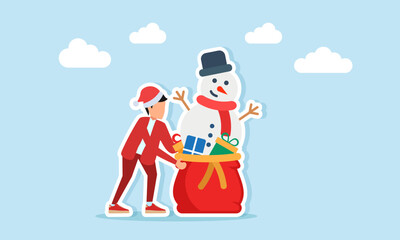 Man in red outfit with Christmas hat trying to carry a red sack filled with gifts and a snowman illustration for holiday celebration appreciation