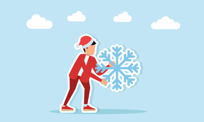 Man in red outfit with Christmas hat carrying a snow flower illustration for holiday