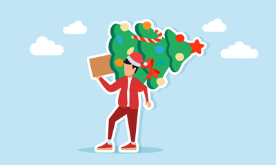 Man in red outfit with Christmas hat lifting and carrying a big decorated Christmas tree illustration for holiday celebration appreciation