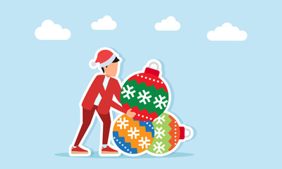 Man in red outfit with Christmas hat picking an ornament from a pile of holiday decorations illustration for Christmas celebration appreciation