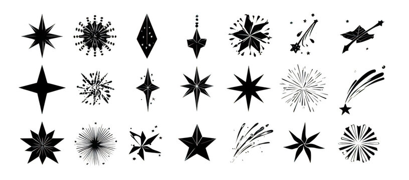 Black vector star icons collection featuring various star shapes and designs, perfect for graphic projects and creative designs. These icons add touch of elegance and creativity to any artwork