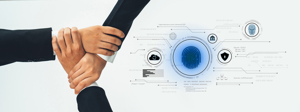 Two business professionals engage in a firm handshake, symbolizing collaboration and trust, with digital security elements illustrated in a modern technology setup. Trope