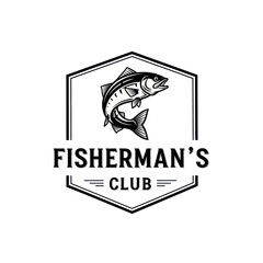 A vintage black and white logo for 'Fisherman's Club' featuring a jumping fish within a hexagonal emblem, designed for angling enthusiasts.