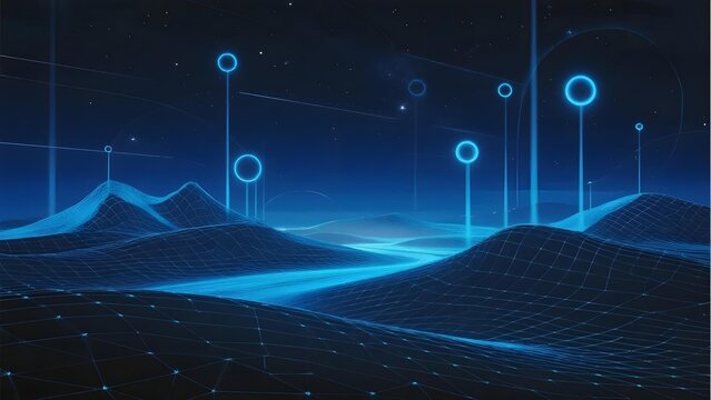 Digital landscape with glowing blue nodes and grid terrain under a starry sky