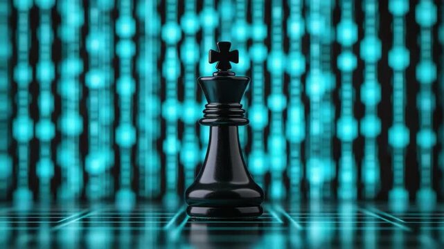 Black chess king piece on a digital matrix background symbolizing strategy, competition, and intelligence in modern gaming 4k video footage