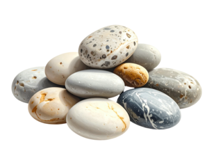 Close-up of a pile of smooth, colorful pebbles on a transparent background
