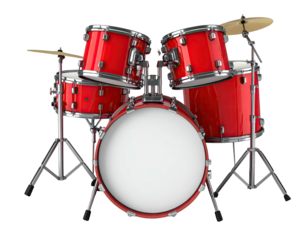 A red drum kit, snare, toms, and bass drum, with cymbals against black