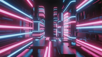Neon-lit futuristic corridor with glowing pink and blue lights in a high-tech urban environment