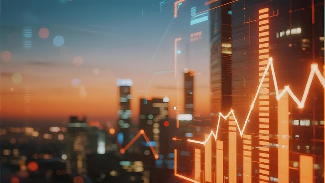 City skyline at dusk with overlay of financial data charts and graphs