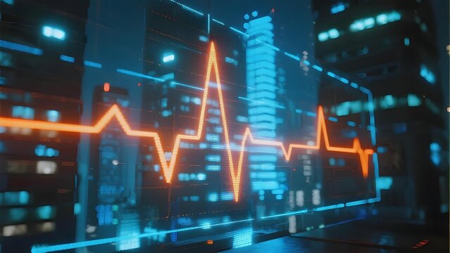Digital heartbeat line graph overlaying futuristic cityscape at night - Powered by Adobe