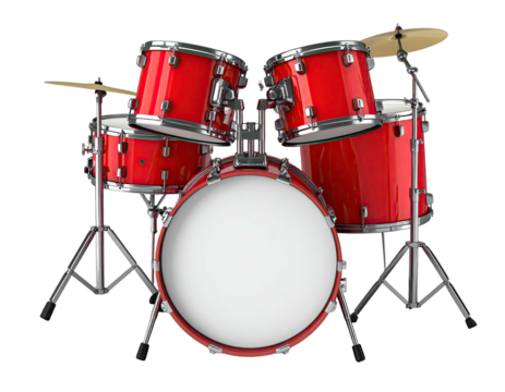 A red drum kit, snare, toms, and bass drum, with cymbals against black