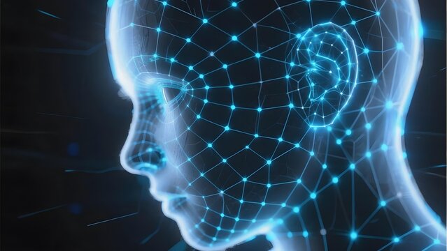 Digital human head with glowing blue network grid in profile view