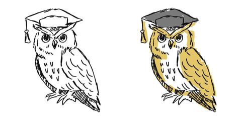 Grunge sketch hand-drawn owl with mortarboard vector. Adds a raw, edgy feel to education and wisdom designs. Features a gritty, distressed, and artistic aesthetic.