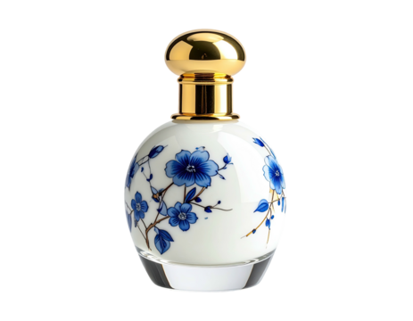 Elegant perfume bottle, white with blue floral design, gold cap