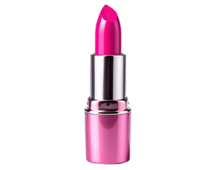 Bright pink lipstick in a metallic silver and pink case, against black backdrop