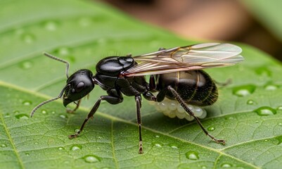 close up of queen ant on a leaf
