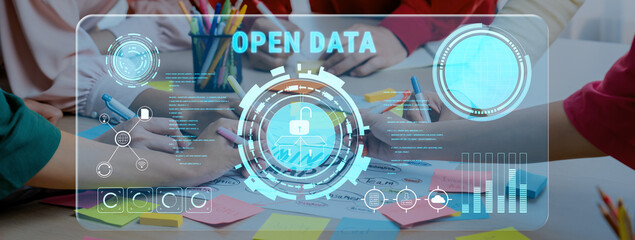 A diverse team engages in collaborative data analysis for an open data project, featuring digital elements, colorful stationery, and creative brainstorming. Trope