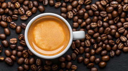 Fototapeta premium High angle shot of decorative porcelain cup of espresso with scattered coffee beans, evokes feeling of warmth and satisfaction