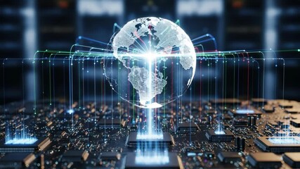 glowing digital globe floats above detailed circuit board connected by numerous colorful light trails signifying global data flow and technological networking across intricate digital infrastructure - Powered by Adobe