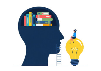 Human head silhouette filled with books next to lightbulb isolated on transparent background