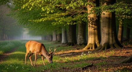 Roe Deer Grazing in Sunlit Forest Path, Lush Greenery, Serene Nature Scene.