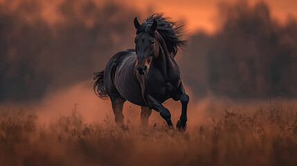 Majestic black stallion gallops on grassy plain, dust rising in sunset. It is powerful display of freedom and untamed spirit