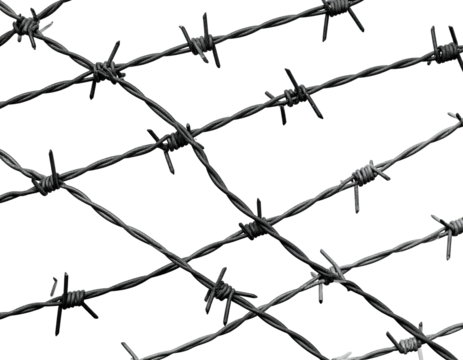 Close-up of intersecting strands of menacing barbed wire against a black backdrop