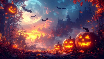 Fototapeta premium Eerie Halloween Night: Glowing Jack-o'-Lanterns, Bats, and a Full Moon Over a Spooky Forest