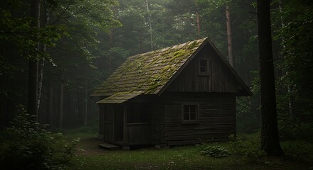 Rustic cabin nestled within a dense forest illuminated by soft diffused light