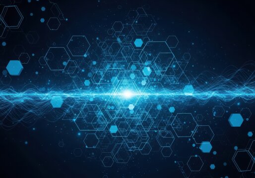 Abstract blue hexagonal network with glowing center and digital connections