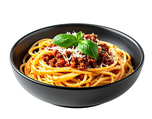 Spaghetti Bolognese in a dark bowl, garnished with basil and cheese, dark bg