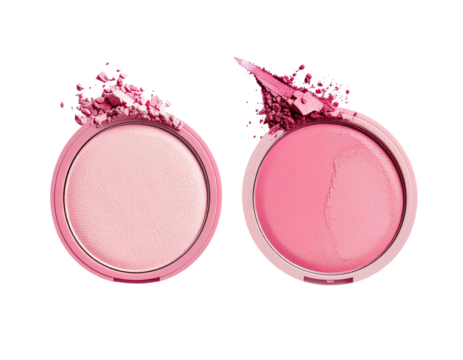Two pink compacts, one lighter, one darker, with crushed powder on top