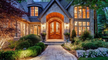 Fototapeta premium Majestic luxury house entrance with grand double doors and elegant stone columns under golden hour lighting.