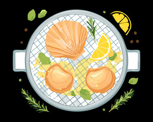 large seared scallops plated beautifully in a dark black bowl with creamy sauce, a lemon wedge, and green herbs - Vector Illustration	