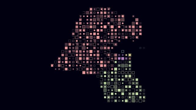 Kuwait animated country shape. Pulsating colored dots on the map of the country. Large size square blocks. Digital style Kuwait map on dark background. Amazing animation video.