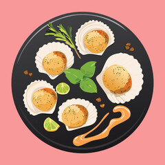 Seared Scallops Garnished with Mint and Shrimp on a Black Plate Ready to be Served as a Fine Dining Meal - Vector Illustration	