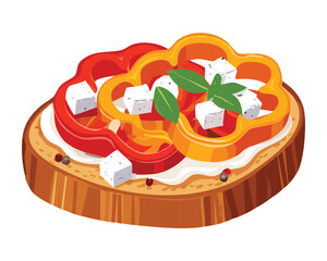 Artisan bruschetta with sourdough bread, roasted red pepper, feta cheese, and green herbs against a vibrant blue background - Vector Illustration	