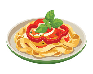 Fettuccine Pasta with Creamy Tomato Sauce Garnished with a Slice of Red Pepper and Basil Leaves - Vector Illustration	