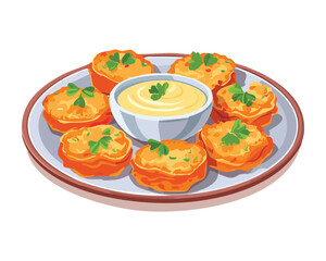 A Tray of Small Round Fried Delicacies Paired with a Zesty Creamy Dip for a Perfect Appetizer Setting - Vector Illustration	